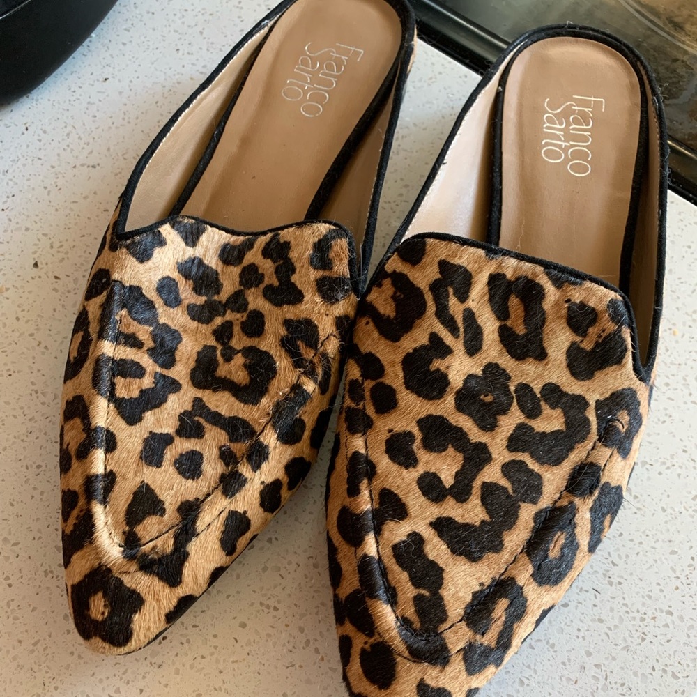 Furry leopard mules like new condition.